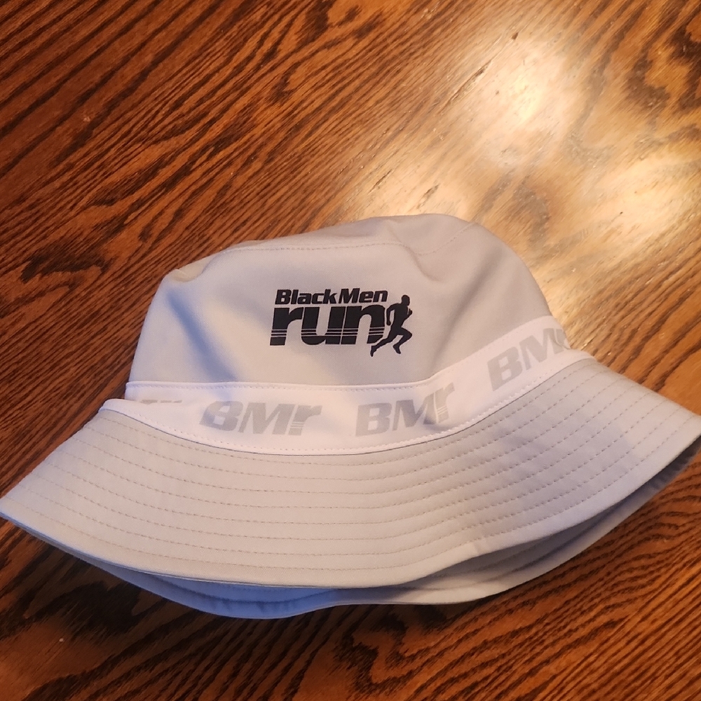 White Bucket Hat with Black Men Run Logo By bocoGEAR